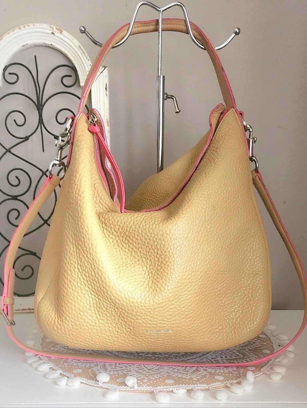 Coach Bleeker Sullivan Pebbled Leather Hobo Bag Satchel in Beige with Pink Trim